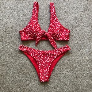 red floral front tie bikini swimsuit set